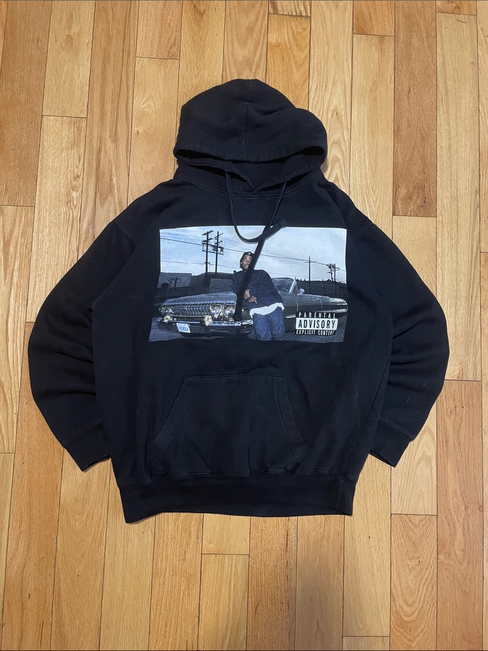 Black Pullover Hoodie with Urban Photo Graphic